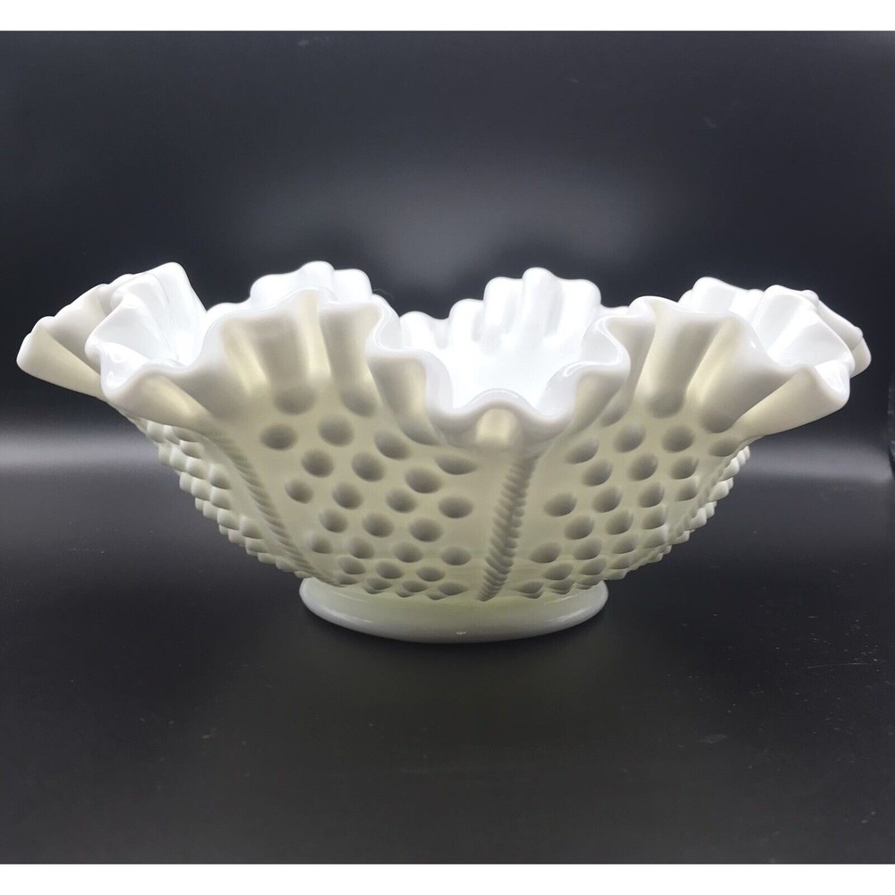 Fenton Hobnail Milk Glass Double Crimped 8” Bowl Marked